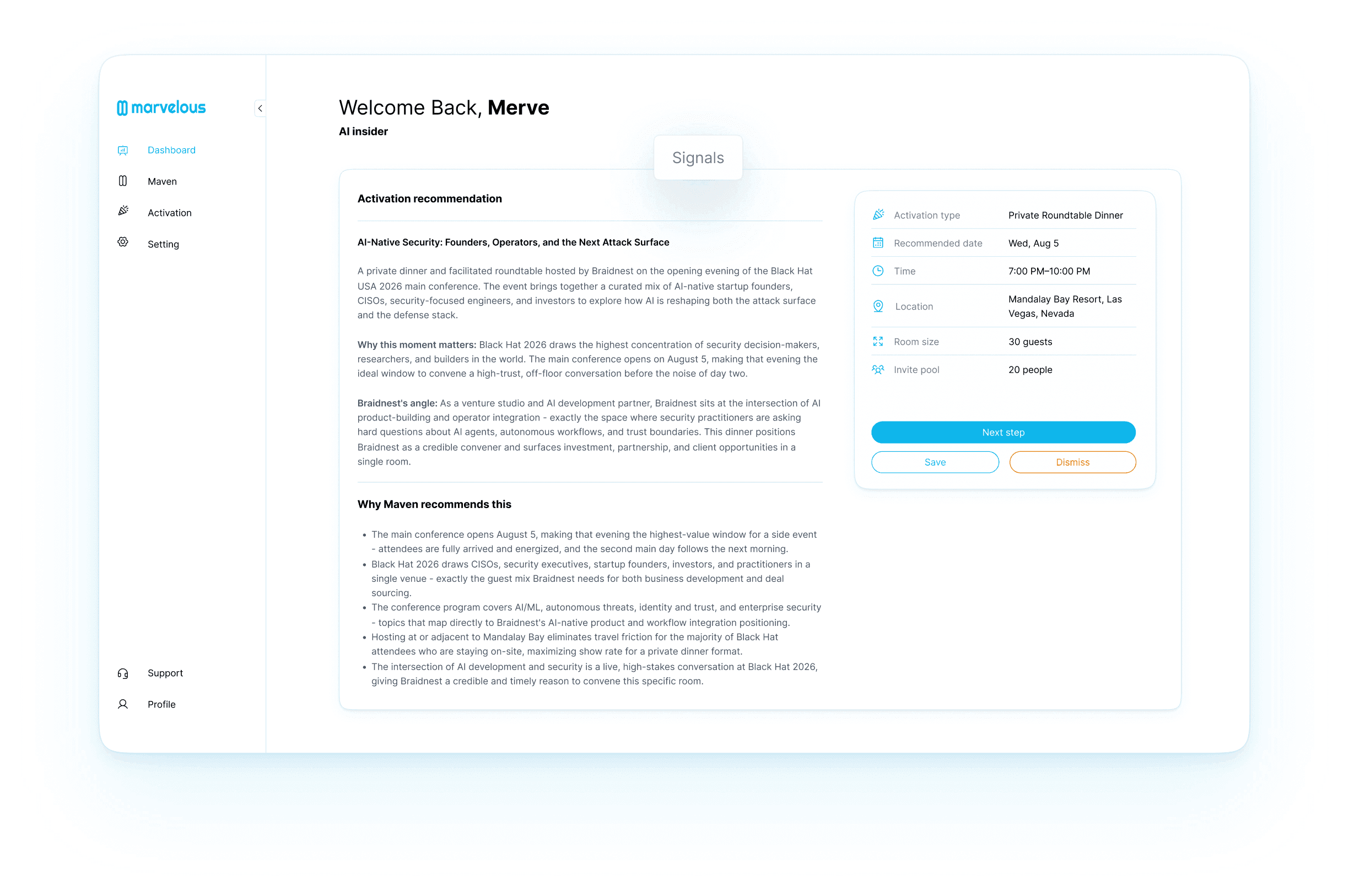 The Marvelous dashboard, showing an activation recommendation Maven has drafted for review