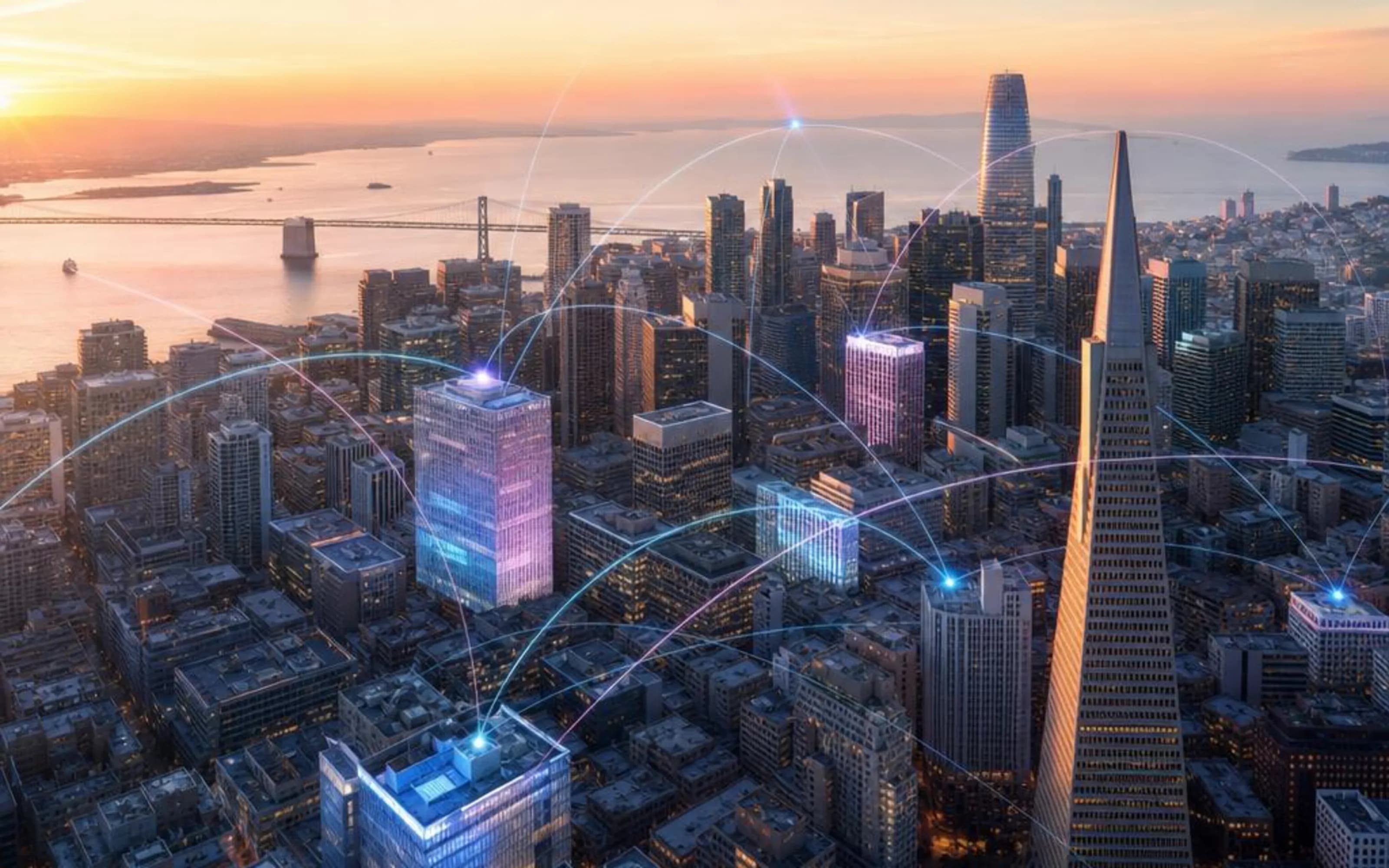 Conceptual San Francisco cityscape with a few account buildings illuminated among many.