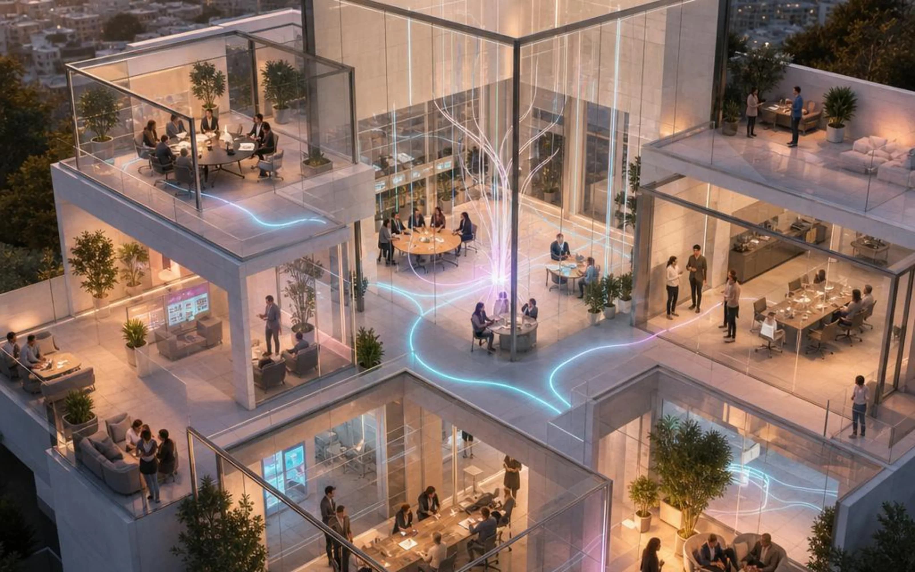 Conceptual glass architecture with connected gathering and planning spaces around a central atrium.