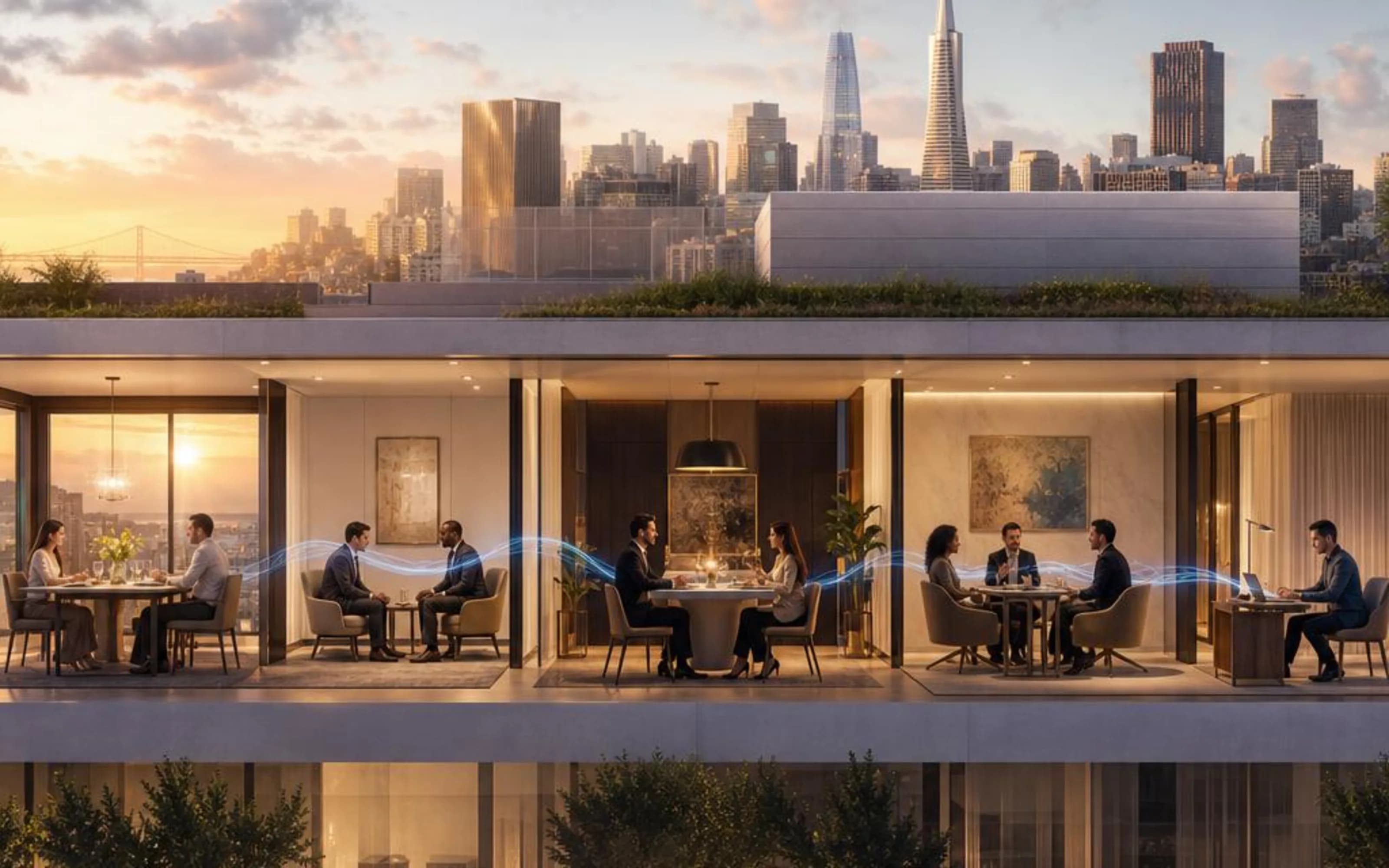 Conceptual continuous building scene tracing a breakfast, meetings, dinner, conference conversation, and follow-up.