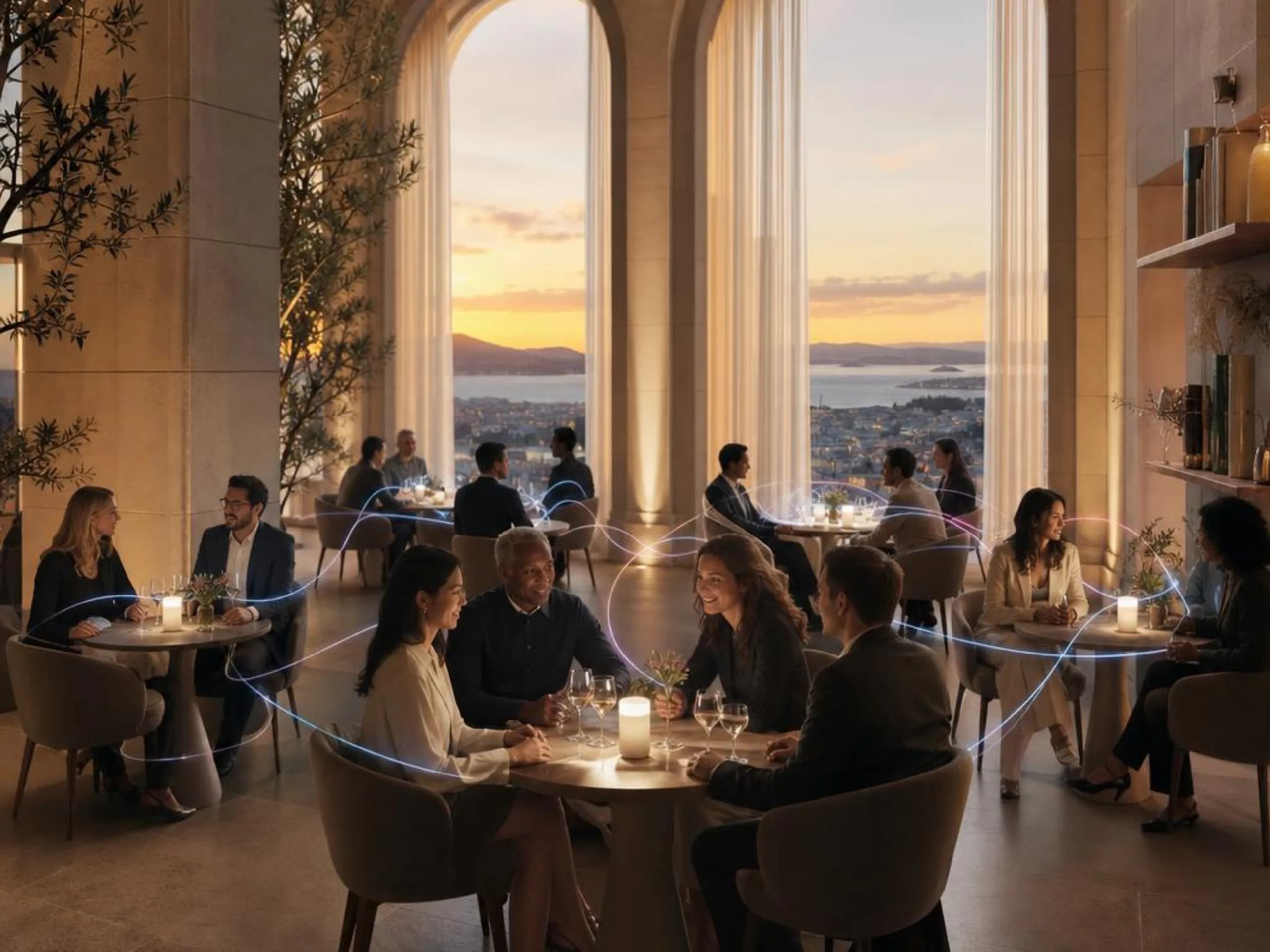 Conceptual dining room where subtle light paths connect conversations across tables.